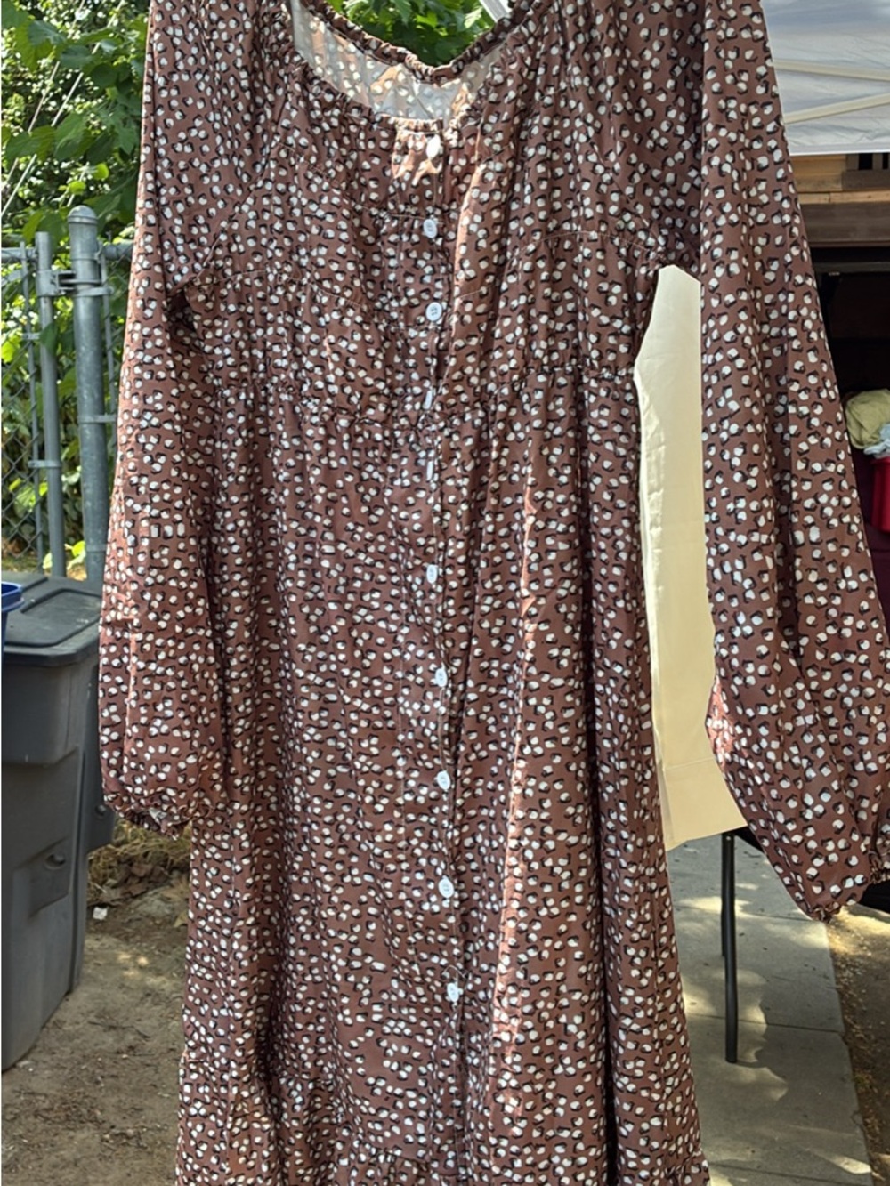Brown Printed Long Sleeve Button-Front Women’s Dress